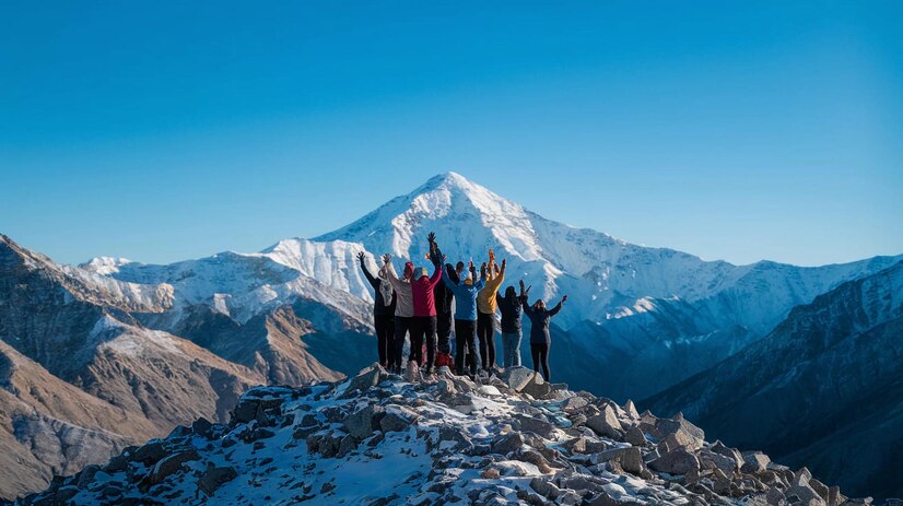 Group of trekkers raising hands in celebration on a snowy Himalayan mountain peak with a majestic mountain in the background.