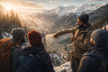 Local Himalayan travel in manali explaining a mountain route map to a group of travelers overlooking snow-covered valleys and peaks.